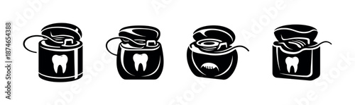 Dental care vector icons set: black dental floss, teeth cleaning symbols, oral hygiene