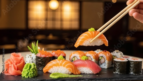 Sushi and Sashimi on Black Plate.