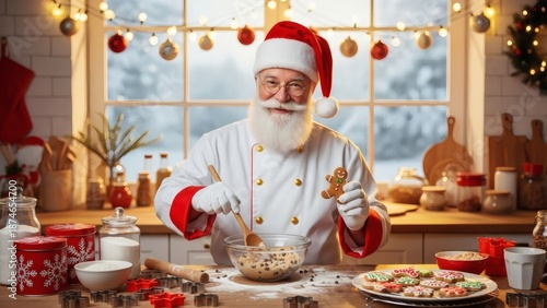 Santa Claus Baking Christmas Cookies in Kitchen.