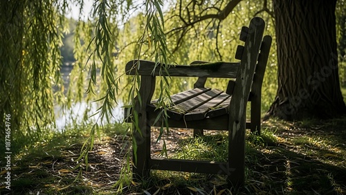 Peaceful wooden park bench under a weeping willow tree, bathed in dappled sunlight by a calm river, evoking tranquility and natural beauty.