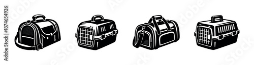 Pet carrier vector icons set, black travel boxes illustration, pet transport symbols