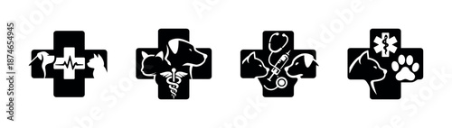 Veterinary care vector icons set: animal health symbols for pet clinics