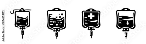 Medical icon set: iv bag symbols with healthcare, hospital, and treatment elements