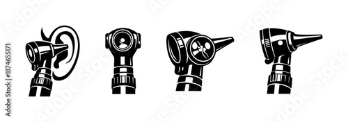 Otoscope vector icons set. medical ear diagnostics tools collection. healthcare symbols