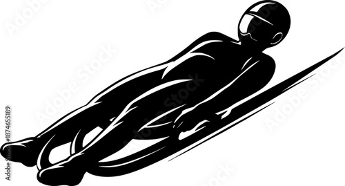 Luge Athlete Silhouette Vector, Black Professional Luger Racing on Icy Track Speed Motion