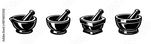 Mortar and pestle vector icons set: spice grinding, herbal medicine tools
