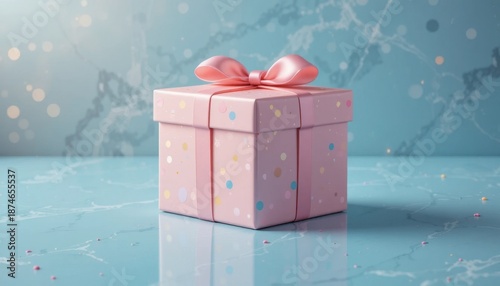 Soft Pink Gift Box With a Bow on a Glossy Blue Surface Decorated With Colorful Dots