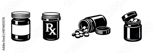 Vector icons set of medicine bottles. pill jars, rx containers, pharmacy symbols