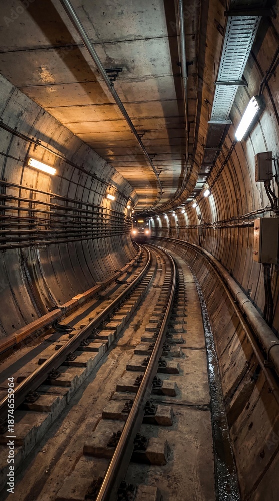 Fototapeta premium Underground metro tunnel with tracks and infrastructure lighting