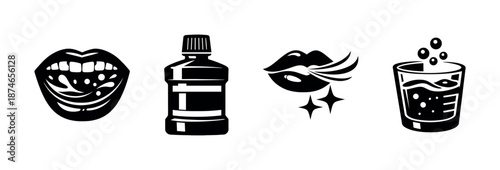 Oral care vector icons set: mouthwash, sparkling teeth, fresh breath symbols