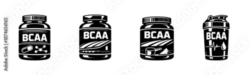 Fitness supplements vector icons set: bcaa powder, capsules, sports drinks