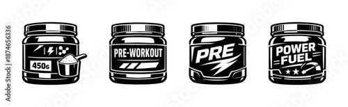 Supplement containers vector icons set: pre-workout, power fuel, nutrition jars