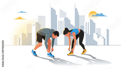 Morning stretch routine in urban skyline setting with two joggers