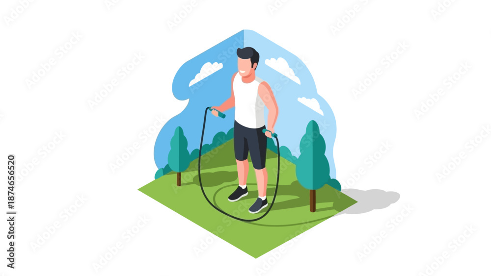 Obraz premium Isometric fitness concept: man jumping rope outdoors in a scenic park setting