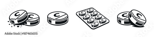 Vitamin c vector icons set: black and white tablet symbols for health and medicine