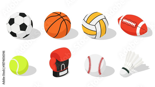 Collection of sport balls and equipment icons in flat design style