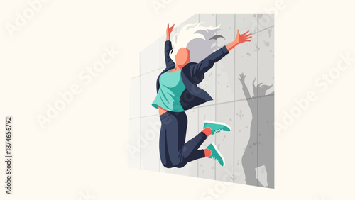 Dynamic jumping woman with shadow on grunge wall background
