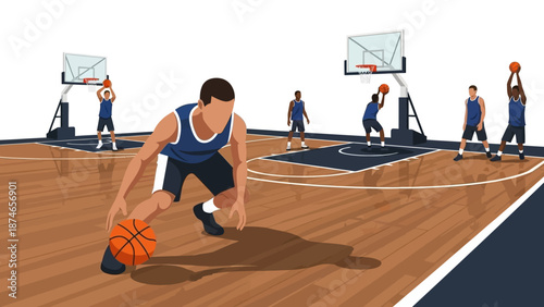 Dynamic basketball game with players on court in minimalist style