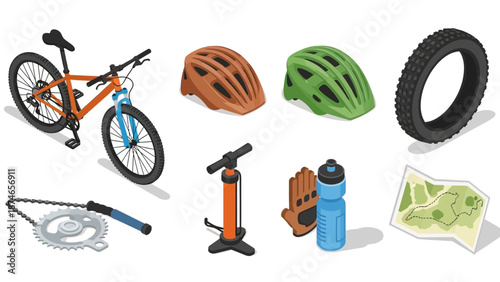 Isometric cycling equipment set featuring mountain bike and accessories