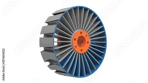 3d turbine wheel with blue and orange accents on white background