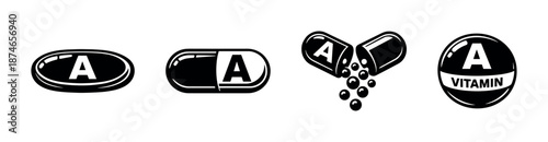 Vitamin a vector icons set in black and white style, supplements, pills, capsules