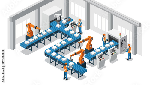 Isometric factory assembly line with automation robots and engineers in a modern industrial setting