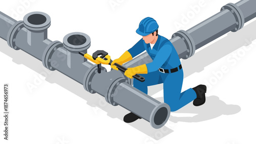 Isometric plumber fixing industrial pipes with tools in detailed illustration