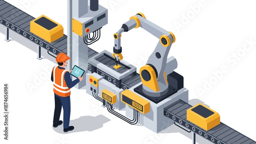 Automated robotic arm on industrial production line with engineer monitoring process