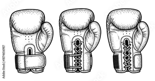 Vintage boxing gloves illustration: three detailed glove designs with stitching and straps