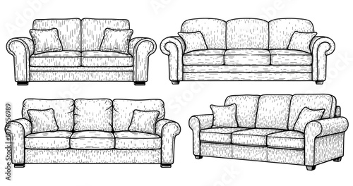 Hand-drawn sofa set illustration with cushions
