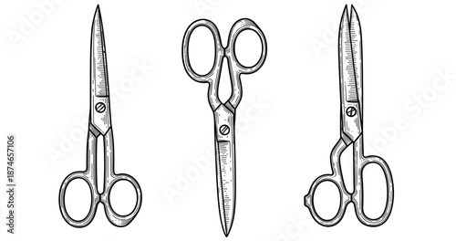 Three vintage scissors: classic black and white line drawing illustration