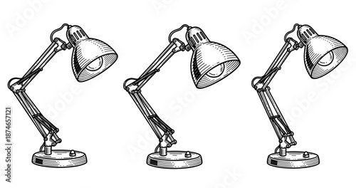 Vintage adjustable desk lamps illustration in black and white
