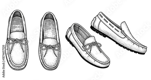 Hand-drawn loafers and moccasins: classic men's slip-on shoe illustrations