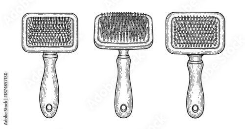 Hand drawn set of three wooden paddle brushes with bristles and handles
