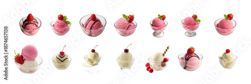 Variety of delicious ice cream flavors in glass bowls