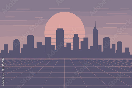 Retro Futuristic City Skyline at Sunset, Synthwave Style Vector Illustration