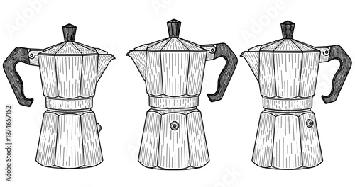 Vintage line art of three stovetop espresso makers in monochrome