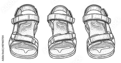 Black and white illustration of three casual sandals in detailed line art style