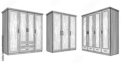Black and white sketch of three elegant wooden wardrobes with detailed design