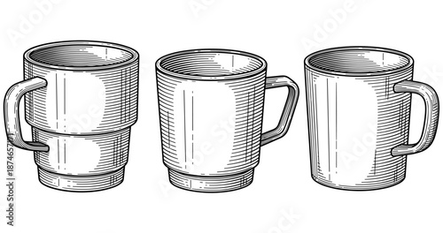 Set of three vintage style ceramic mugs in black and white line art illustration