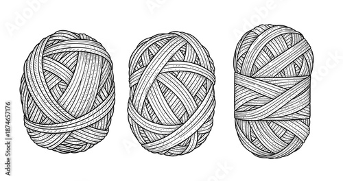 Illustration of three yarn balls in detailed black and white style