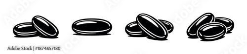 Vector icons set: glossy black pills collection, medicine symbols, health objects