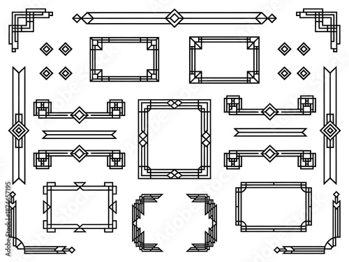 Art deco line border vector set featuring modern Arabic gold frames, decorative geometric lines, and golden label frames, perfect for luxury design