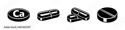 Vector icons set of supplement capsules and tablets with calcium symbols