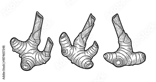 Hand-drawn black and white ginger roots illustration in various angles