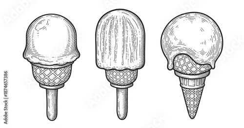 Hand-drawn ice cream cones and popsicle illustrations in black and white