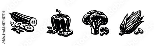 Vegetable vector icons set: zucchini, pepper, broccoli, corn symbols