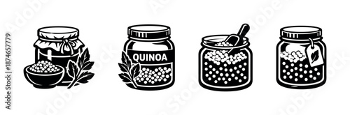 Quinoa jars vector icons set with herbs and grains in black and white