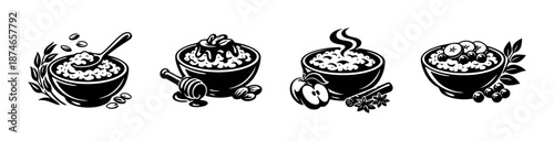 Breakfast elements vector icons set: granola, fruit, honey, and oatmeal bowls