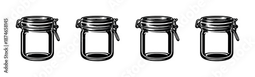 Glass jars vector icons set: mason jar collection in monochrome style for storage